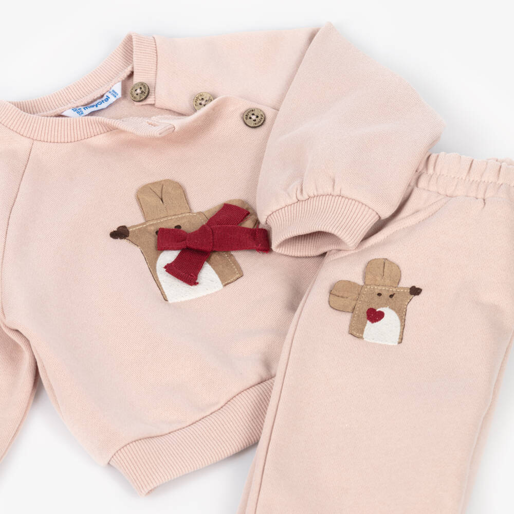 Mayoral-Girls Pink Tracksuit Set with Bouclé Gilet | Childrensalon