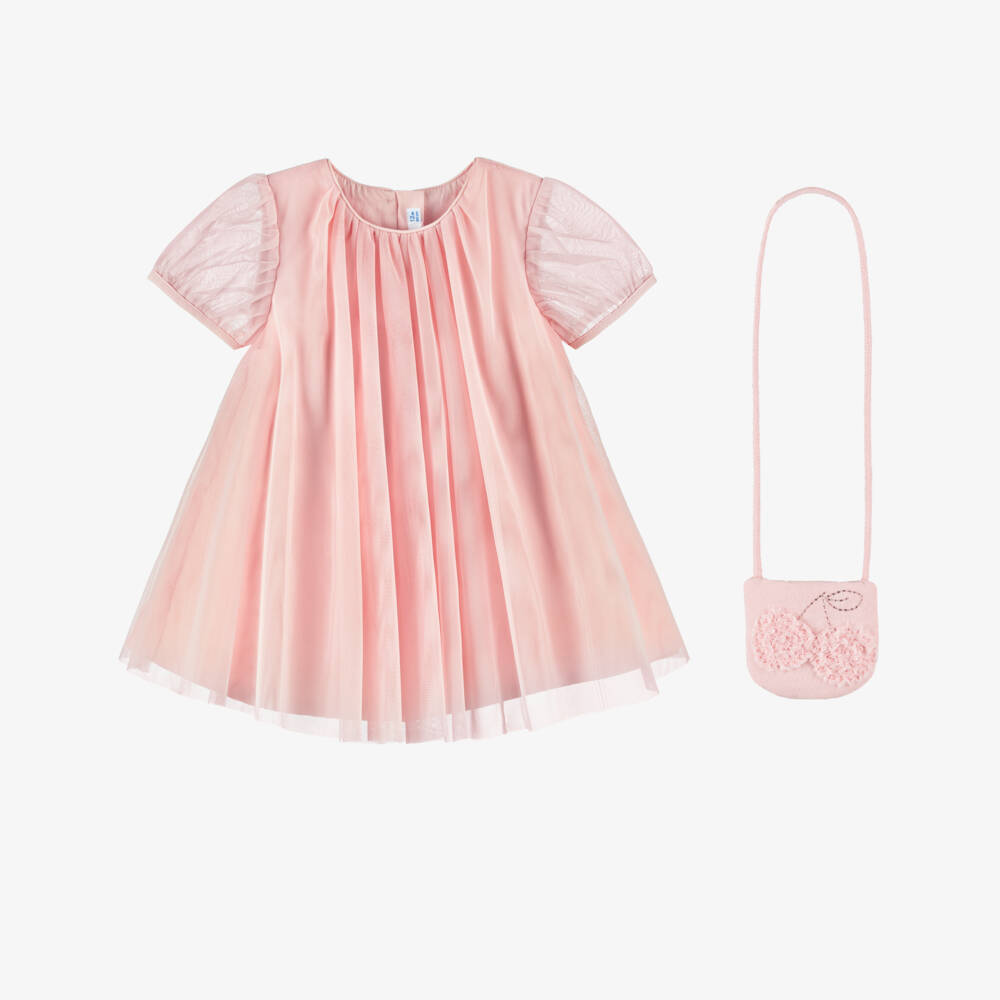Mayoral-Girls Pink Tulle Dress & Cherry Bag | Childrensalon