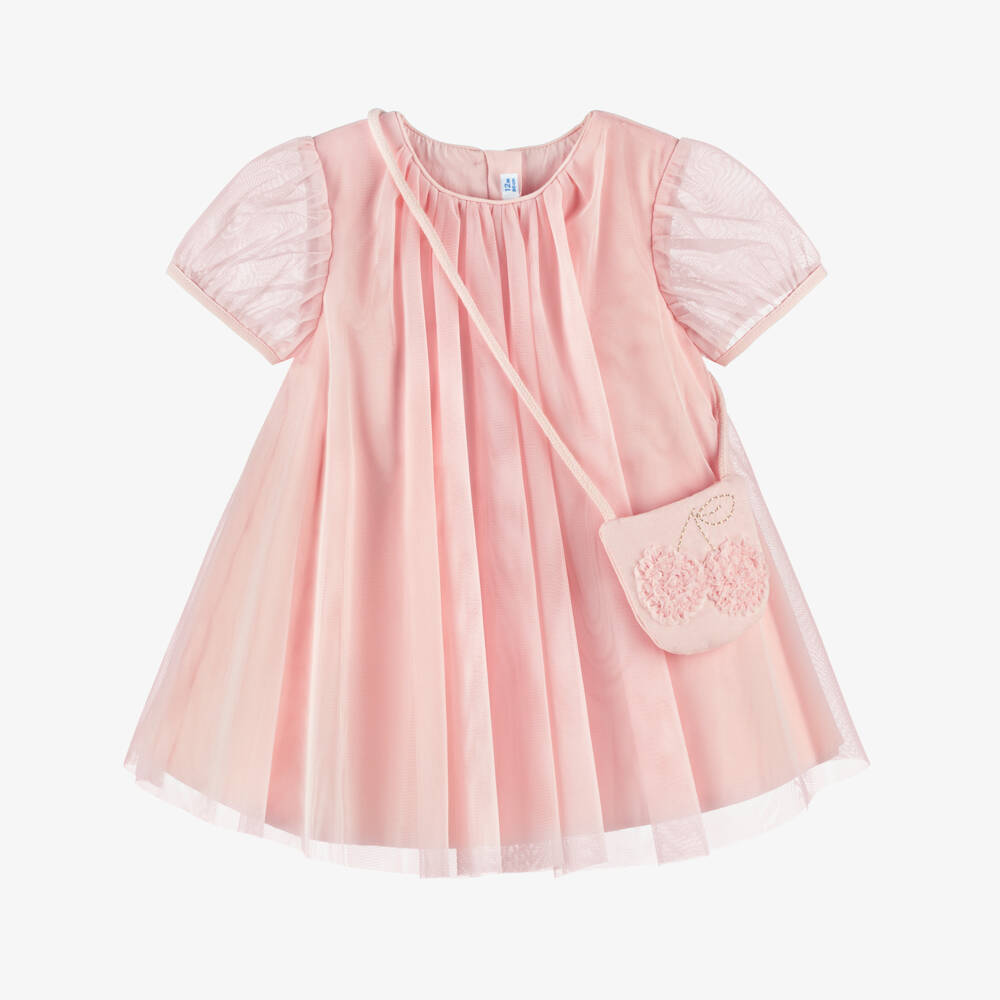 Mayoral-Girls Pink Tulle Dress & Cherry Bag | Childrensalon