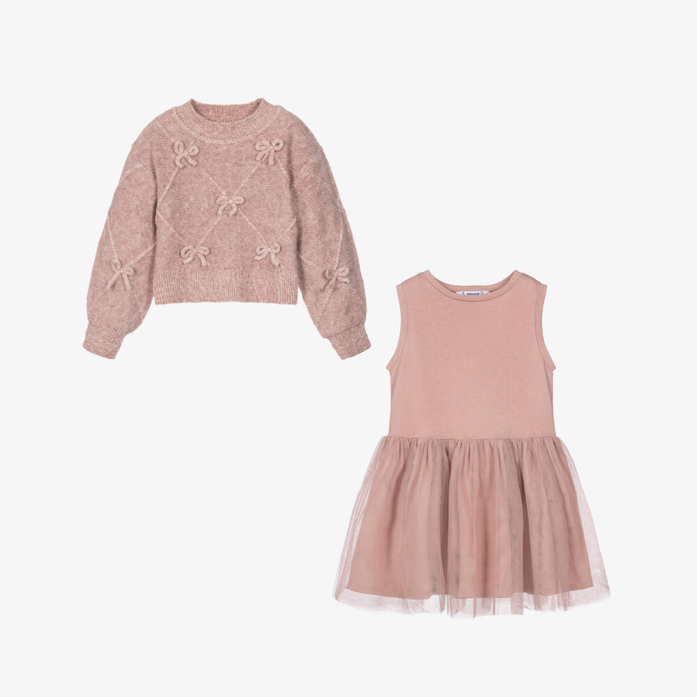 Mayoral-Girls Pink Tulle Dress & Sparkly Sweater Set | Childrensalon