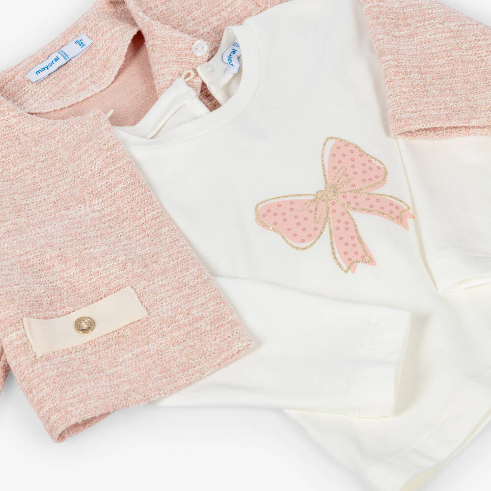 Mayoral-Girls Pink Tweed Jacket & Skirt Set | Childrensalon