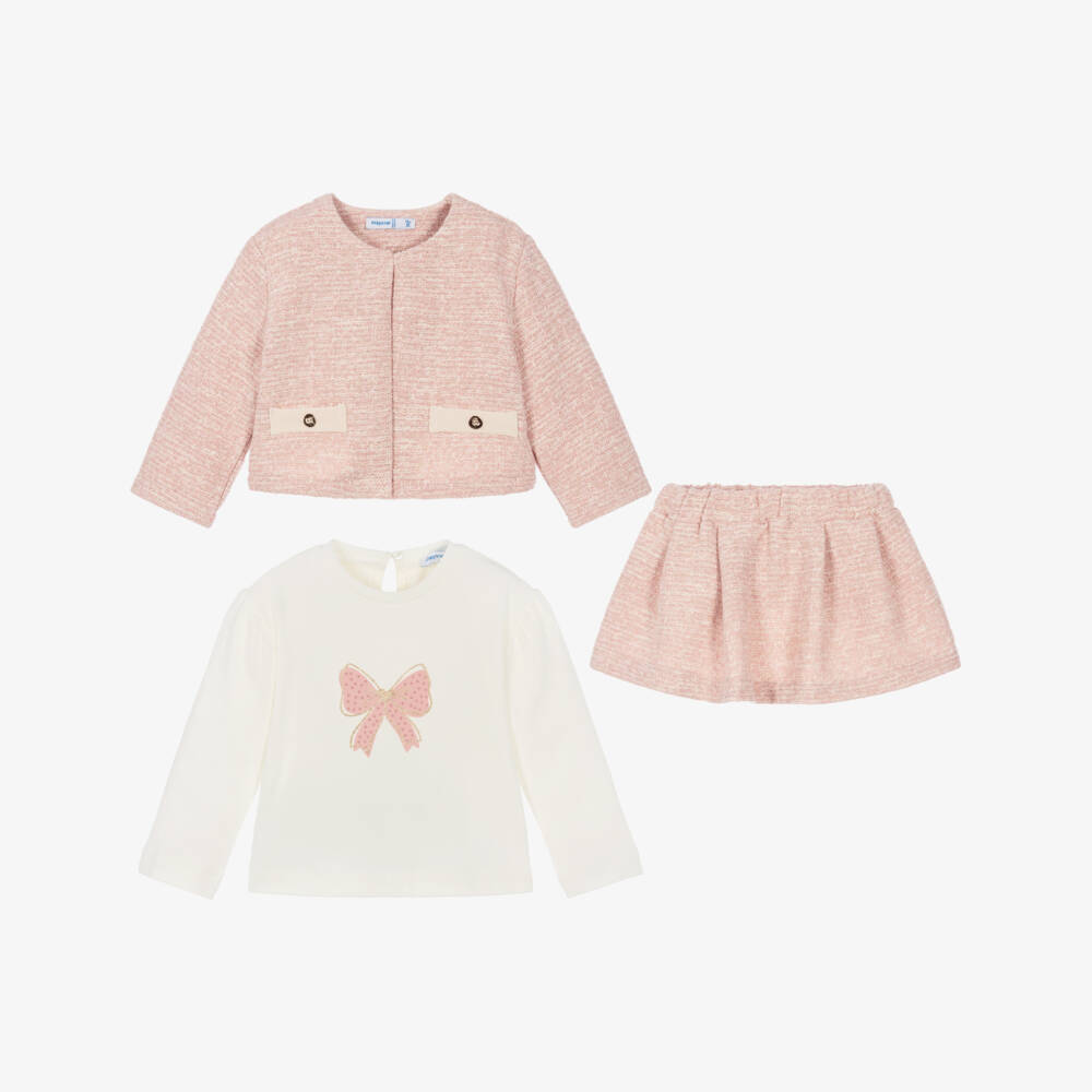 Mayoral-Girls Pink Tweed Jacket & Skirt Set | Childrensalon