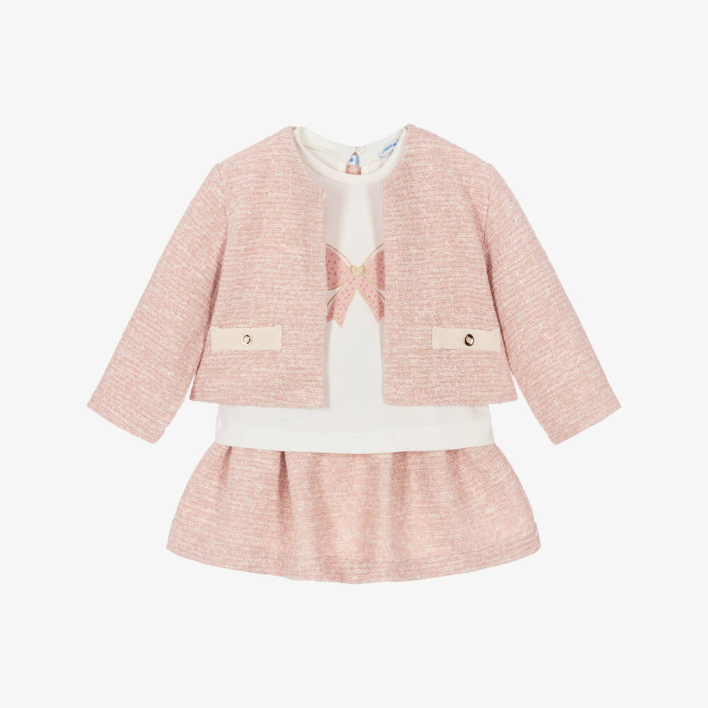 Mayoral-Girls Pink Tweed Jacket & Skirt Set | Childrensalon