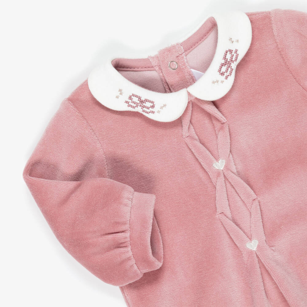 Mayoral Newborn-Girls Pink Velour Babygrow with Scalloped Collar | Childrensalon