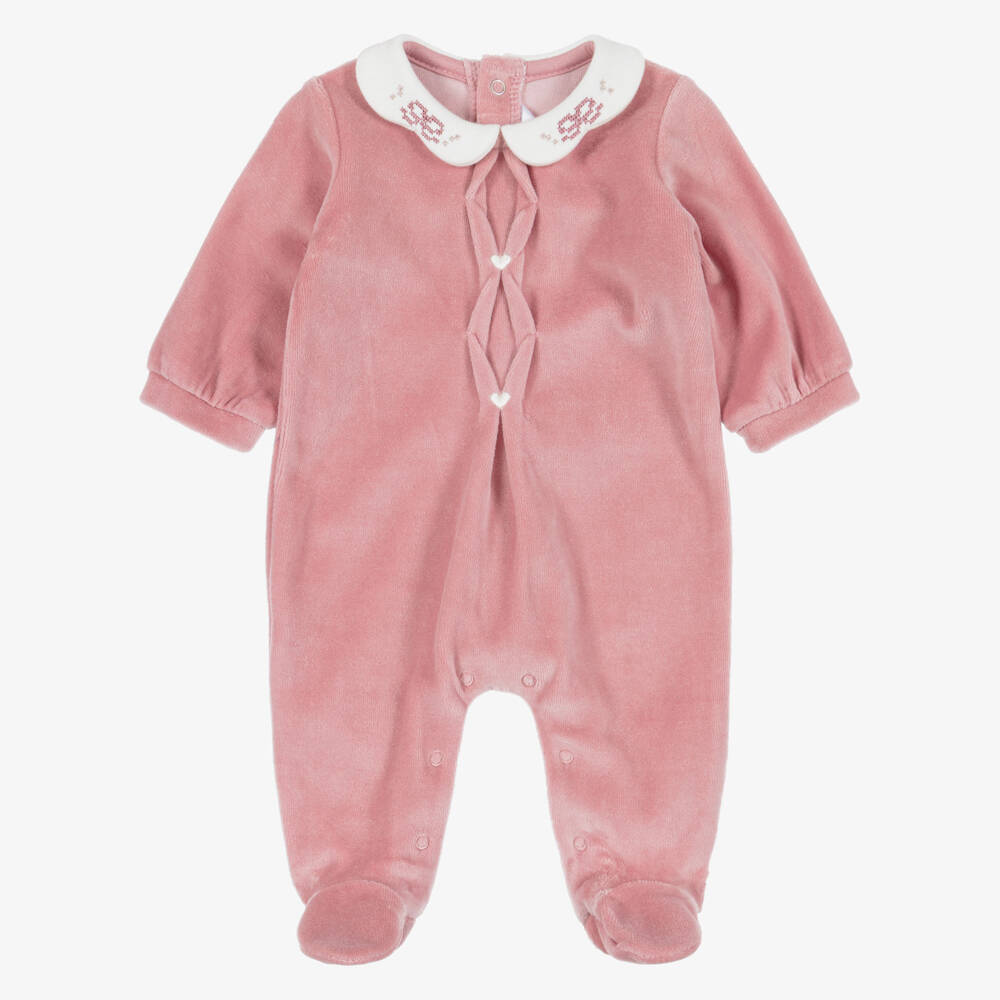 Mayoral Newborn-Girls Pink Velour Babygrow with Scalloped Collar | Childrensalon