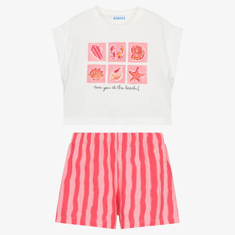 Mayoral-طقم شورت بطبعة أصداف قطن لون زهري وأبيض للبنات | Childrensalon