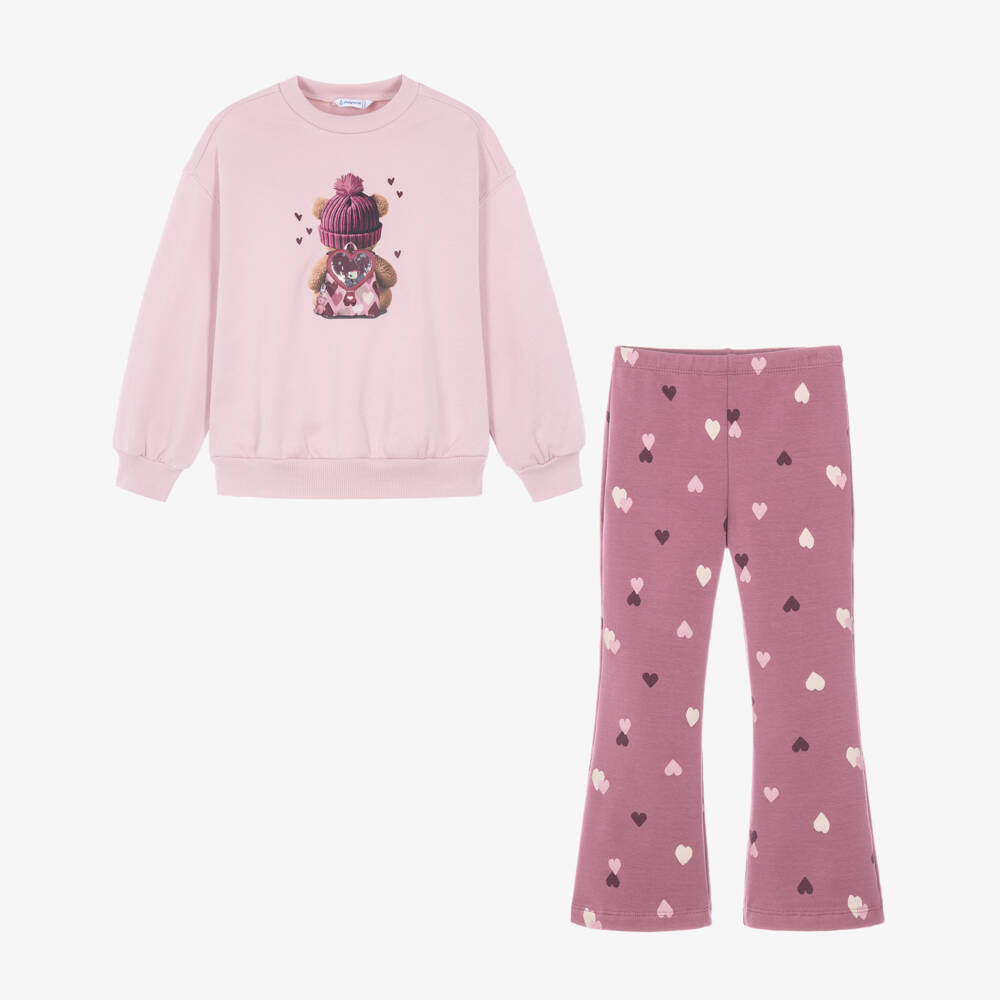 Mayoral-Girls Purple Flared Leggings Set with Heart Print | Childrensalon