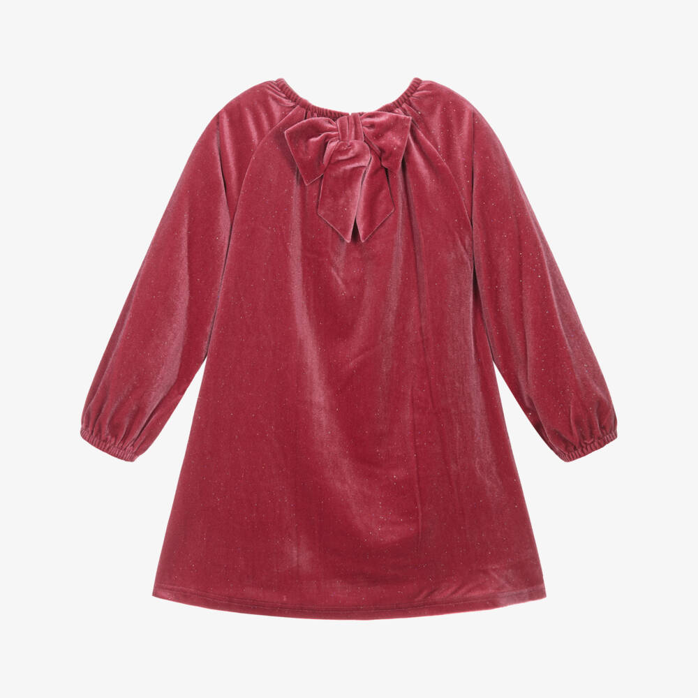 Mayoral-Girls Raspberry Pink Sparkly Velour Dress with Bow Detailing | Childrensalon