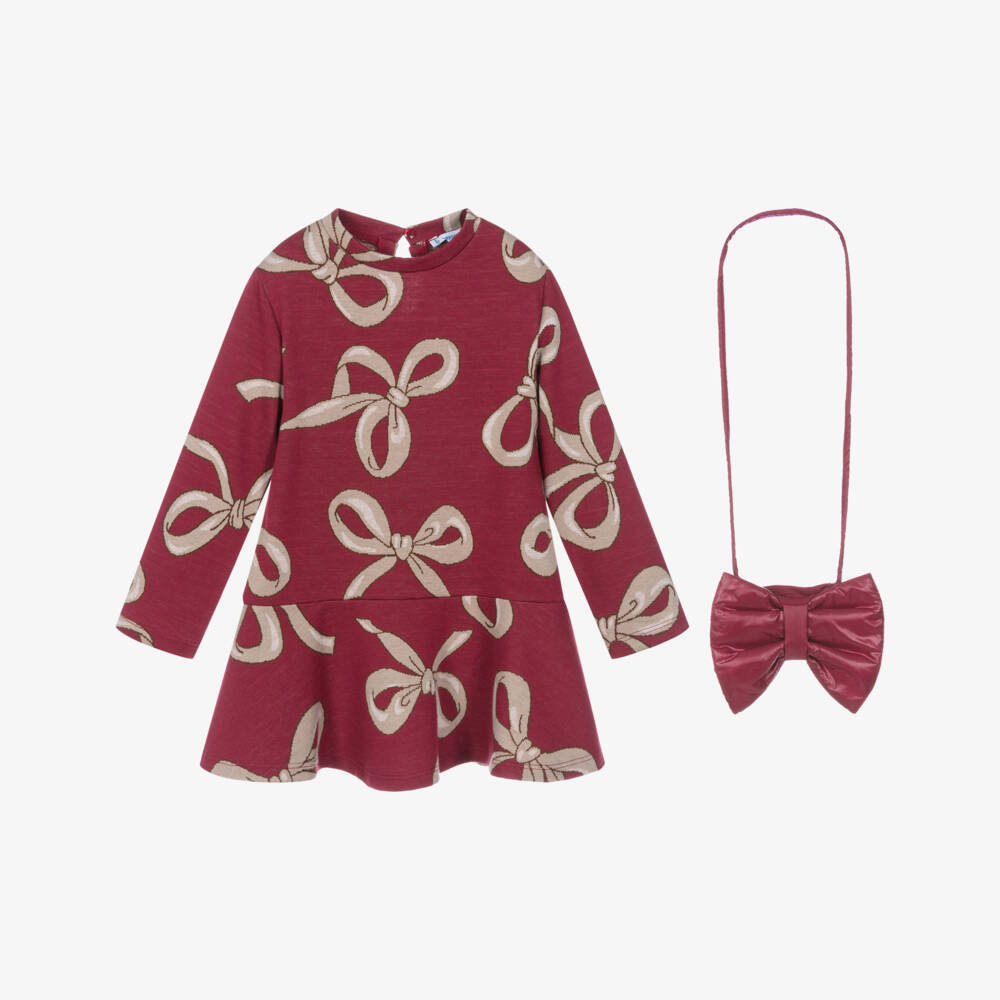 Mayoral-Girls Raspberry Red Bow Print Dress & Bag Set | Childrensalon