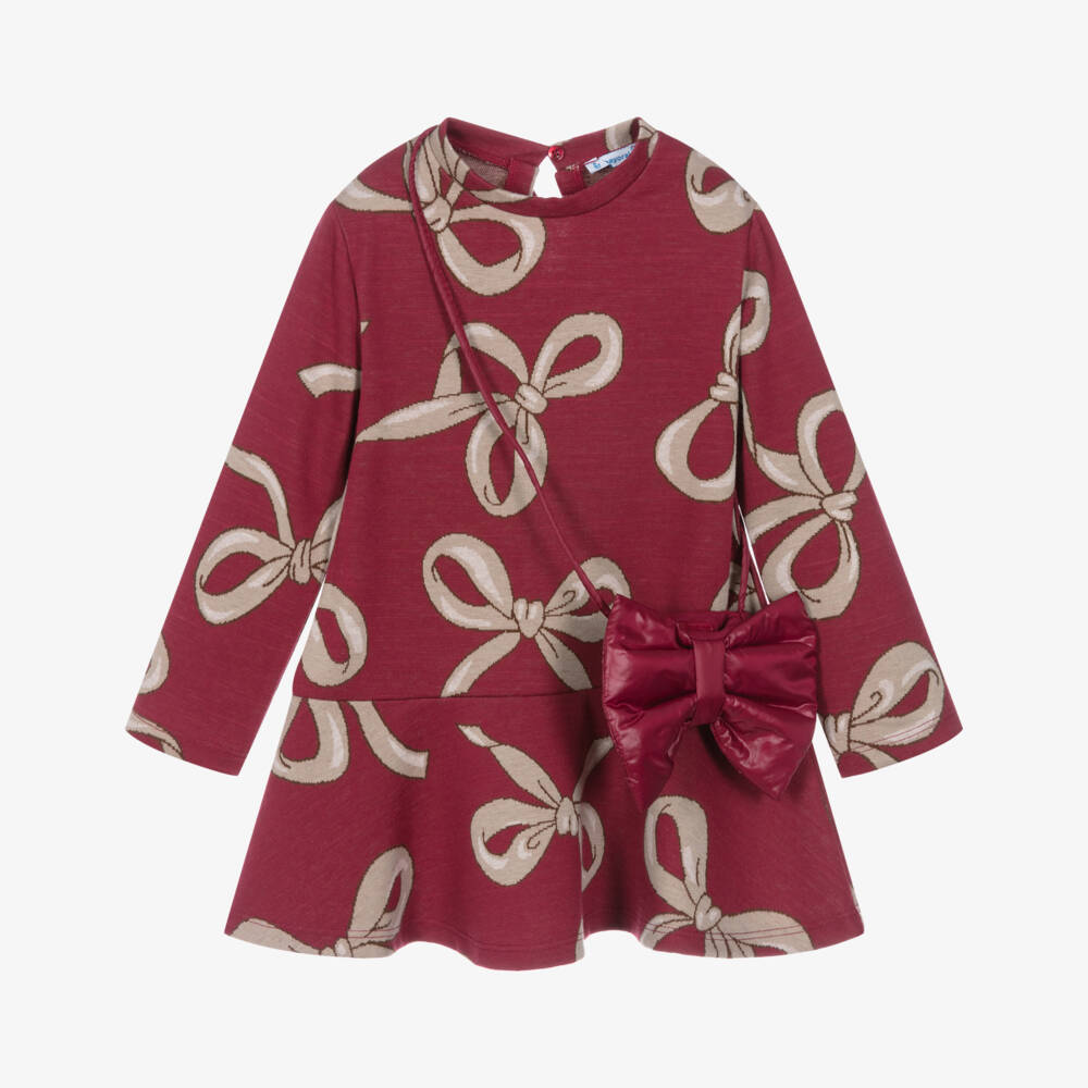Mayoral-Girls Raspberry Red Bow Print Dress & Bag Set | Childrensalon