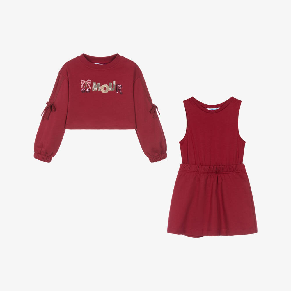 Mayoral-Girls Raspberry Red Cotton Jersey Amour Dress Set | Childrensalon