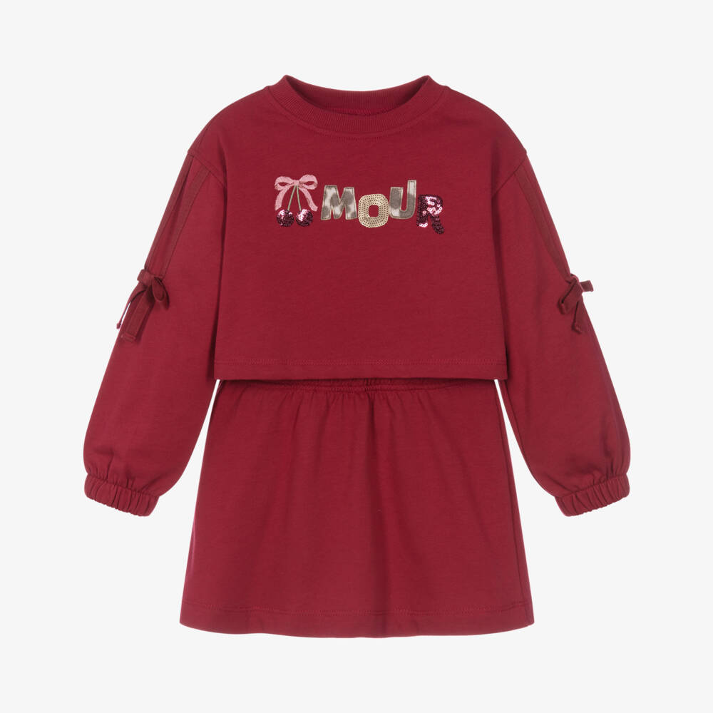 Mayoral-Girls Raspberry Red Cotton Jersey Amour Dress Set  | Childrensalon