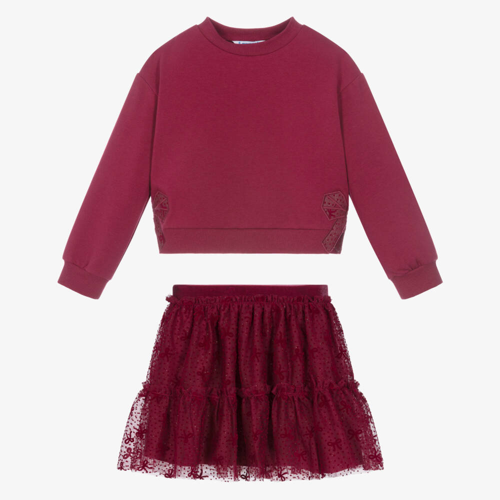Mayoral-Girls Raspberry Red Tulle Skirt Set | Childrensalon