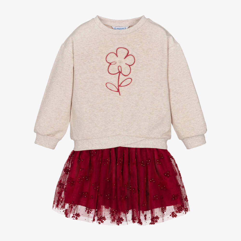 Mayoral-Girls Red & Beige Flower Print Tulle Skirt Set | Childrensalon