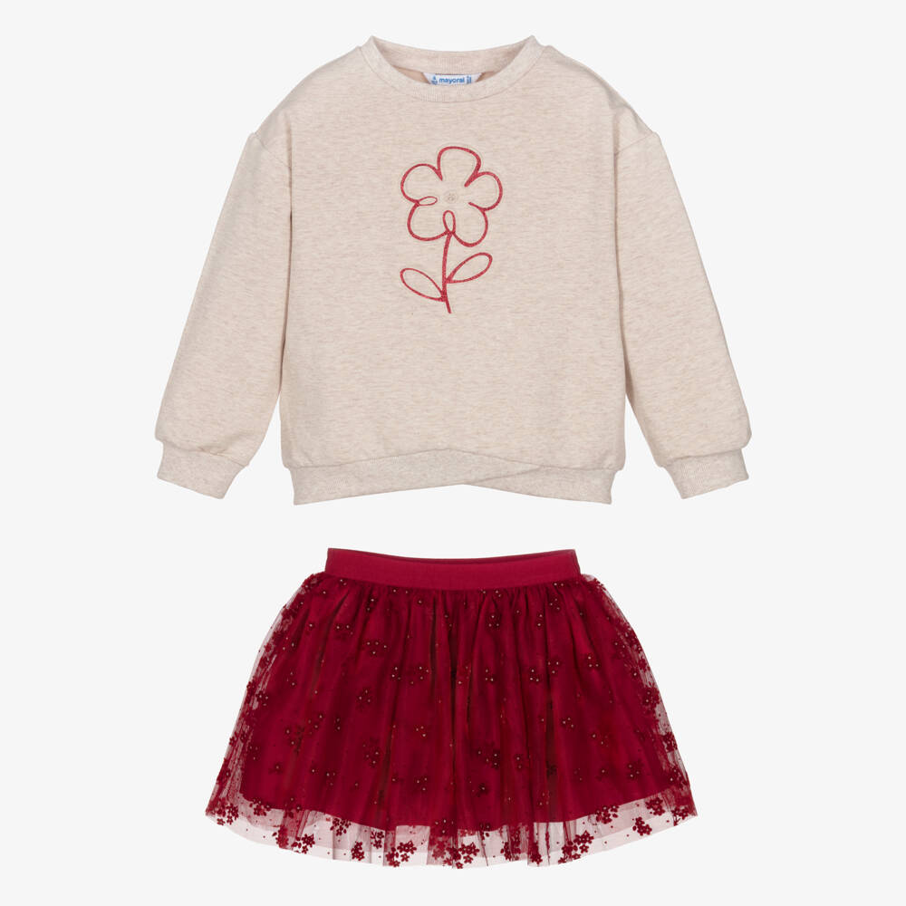 Mayoral-Girls Red & Beige Flower Print Tulle Skirt Set | Childrensalon