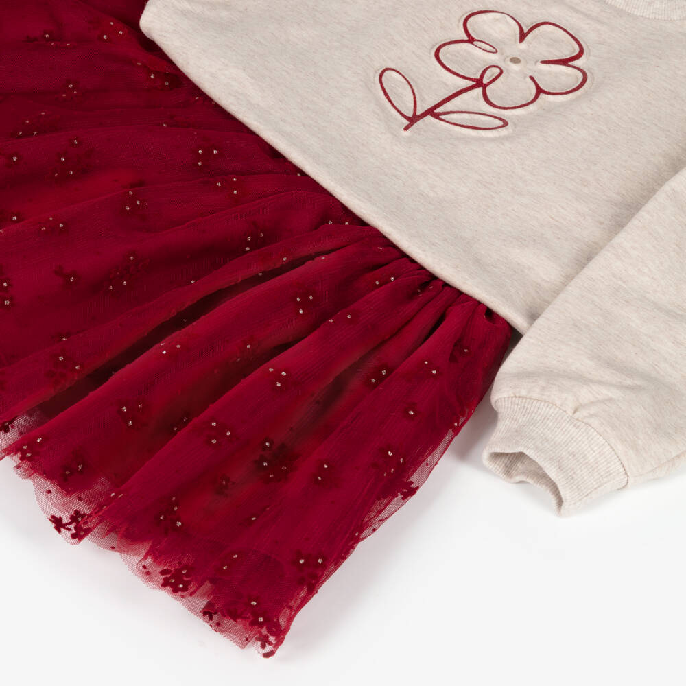 Mayoral-Girls Red & Beige Flower Print Tulle Skirt Set | Childrensalon