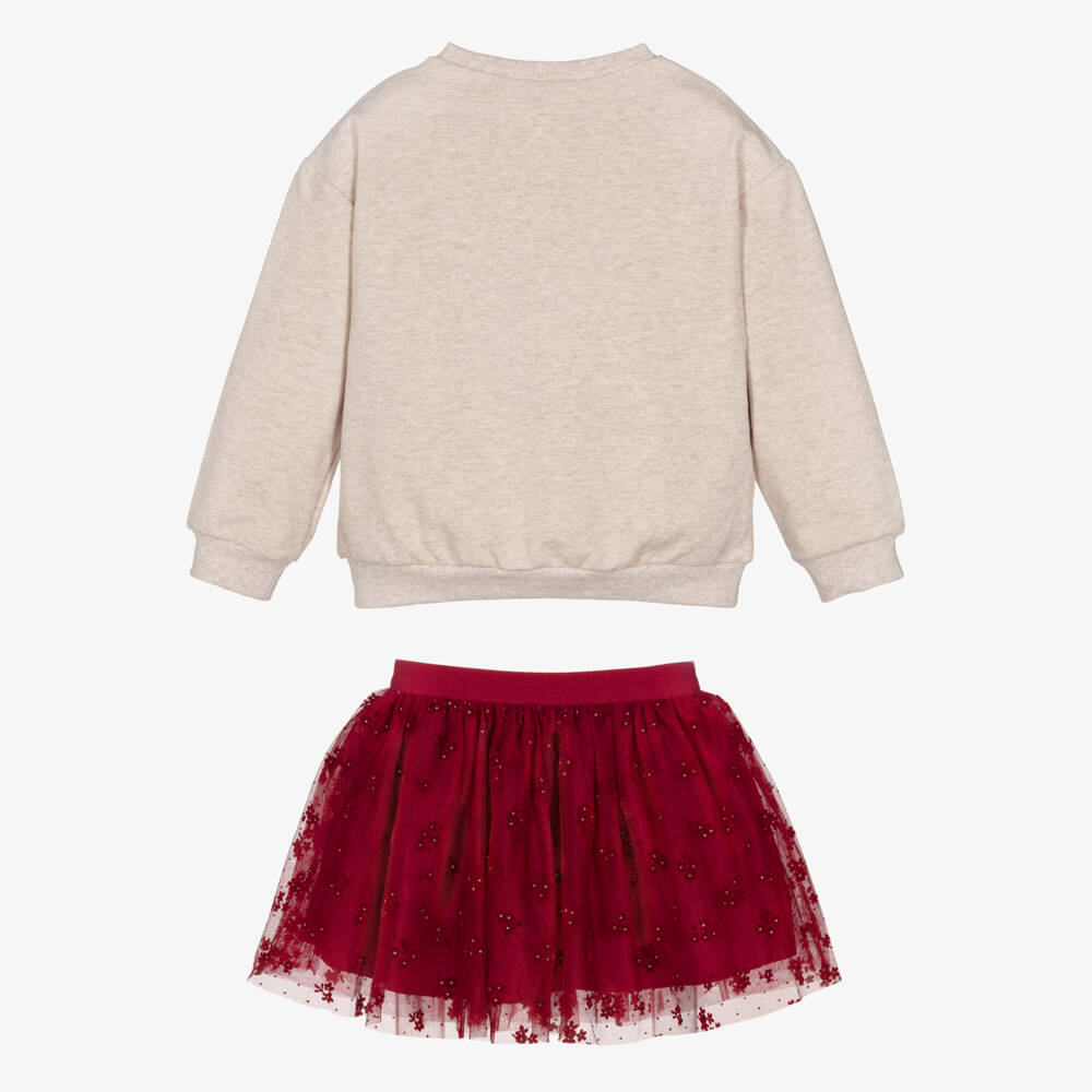 Mayoral-Girls Red & Beige Flower Print Tulle Skirt Set | Childrensalon