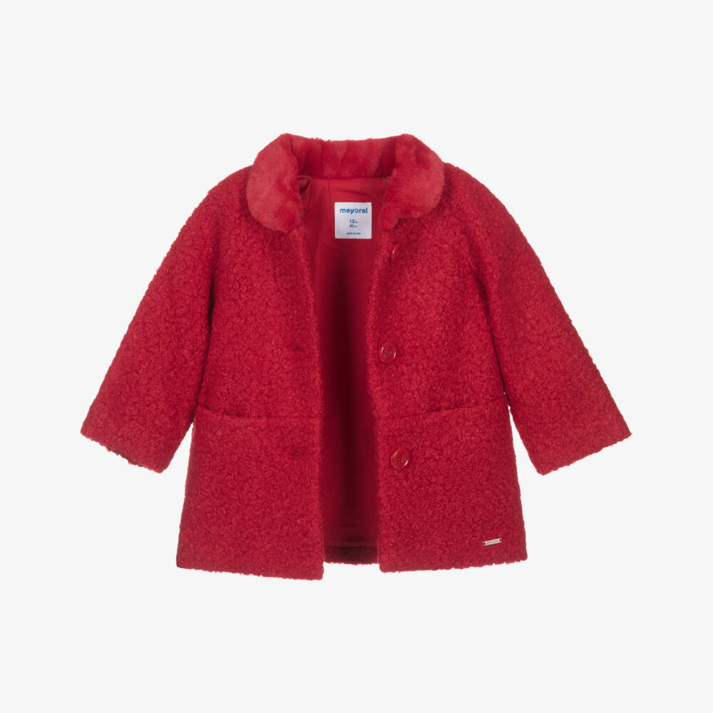 Mayoral-Girls Red Boucle Coat with Faux Fur Collar | Childrensalon