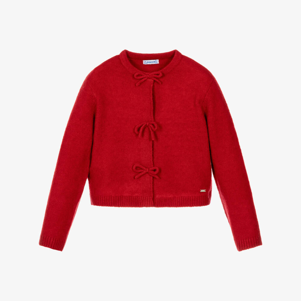Mayoral-Girls Red Button-Down Cardigan with Bow Front | Childrensalon