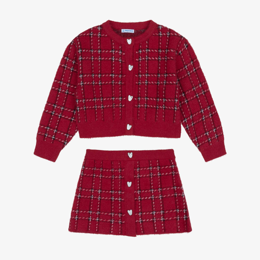 Mayoral-Girls Red Check Fluffy Knit Skirt Set | Childrensalon