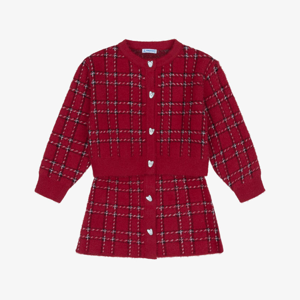 Mayoral-Girls Red Check Fluffy Knit Skirt Set | Childrensalon