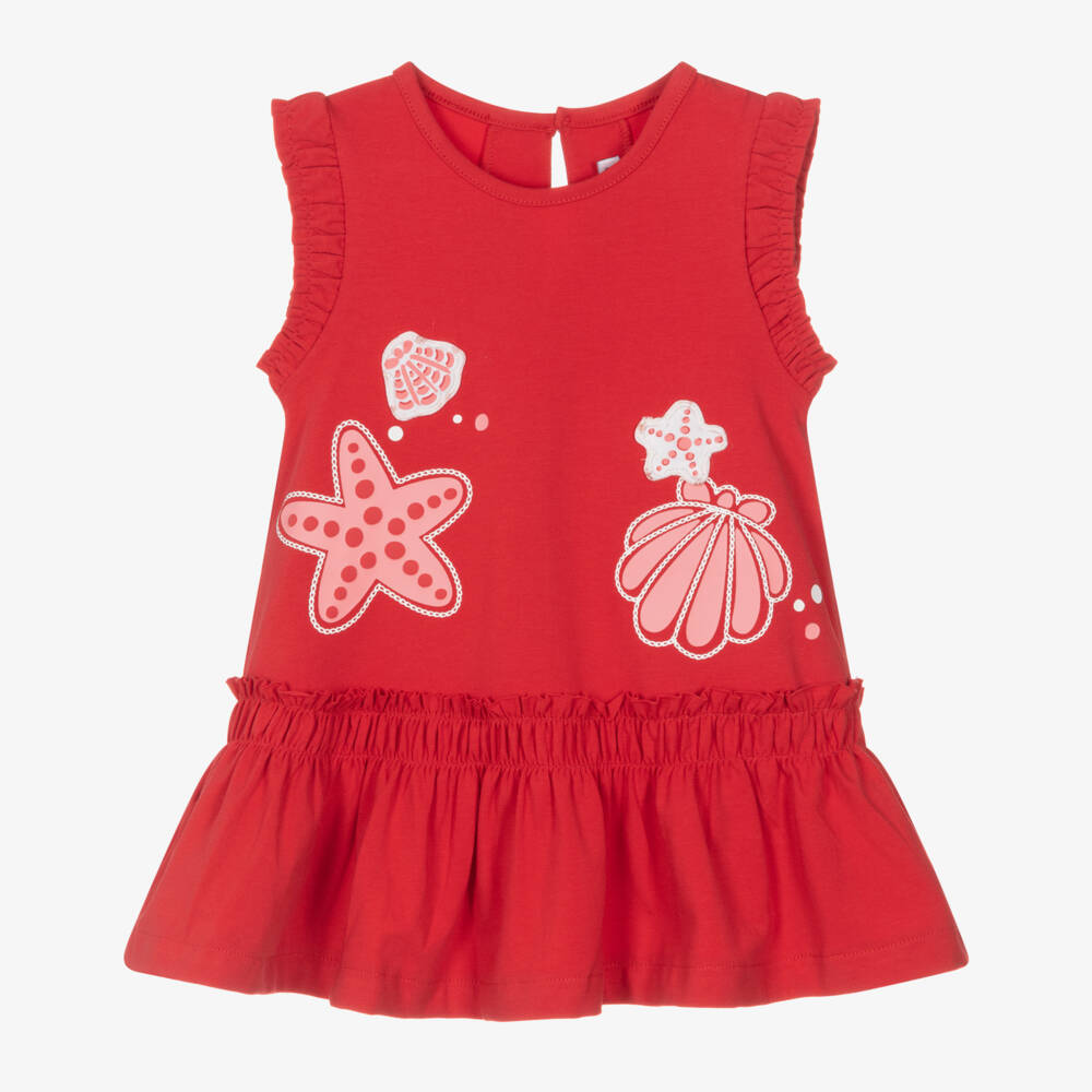 Mayoral-Платье красное из хлопкового трикотажа с ракушками и морскими звездами для девочек | Childrensalon