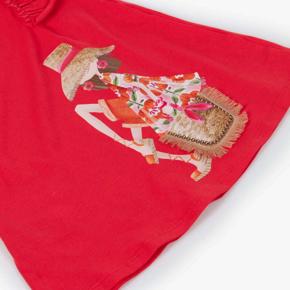 Mayoral-Платье красное из хлопкового трикотажа с модным принтом для девочек | Childrensalon