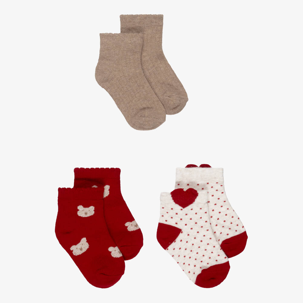 Mayoral-Girls Red, Ivory & Beige Cotton Knit Socks (3 Pack) | Childrensalon