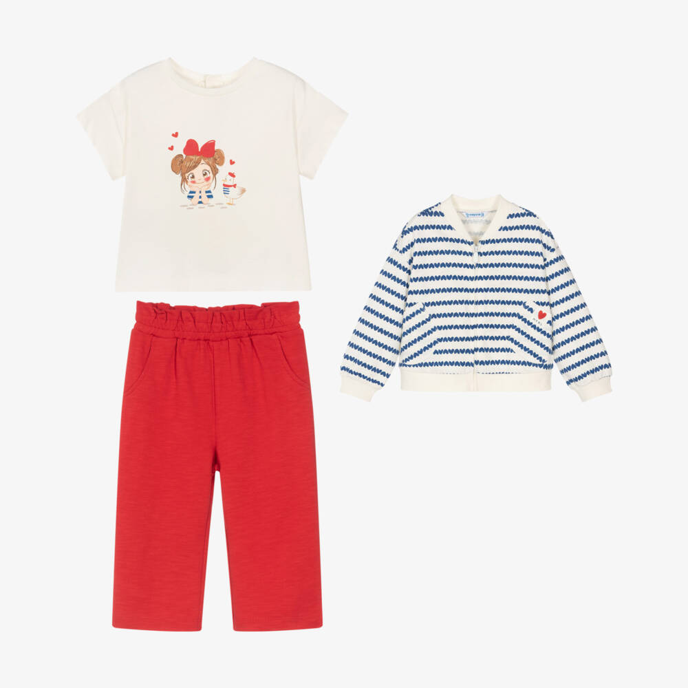 Mayoral-Girls Red & Ivory Cotton Jersey Trouser Set | Childrensalon
