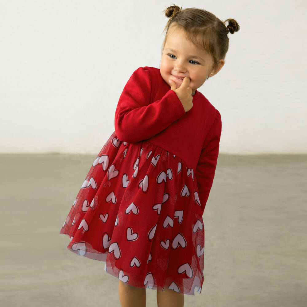 Mayoral-Girls Red Jersey & Tulle Dress with Heart Print | Childrensalon