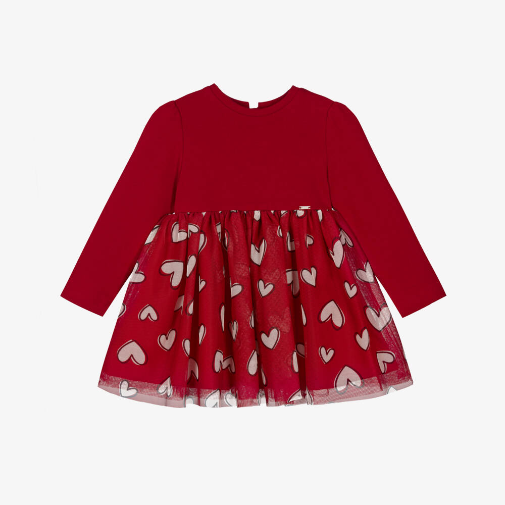 Mayoral-Girls Red Jersey & Tulle Dress with Heart Print | Childrensalon