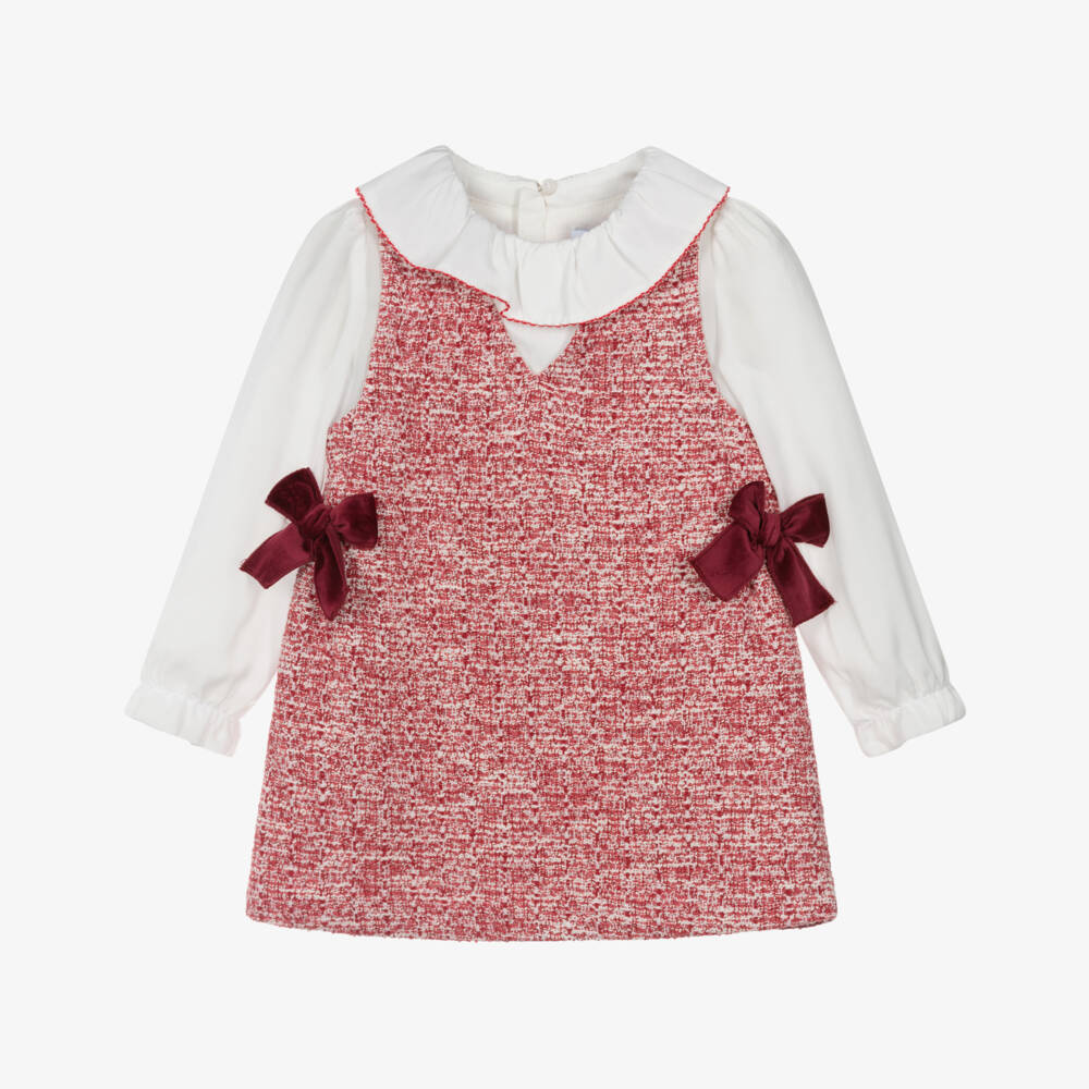 Mayoral-Girls Red Layered-Look Tweed Dress with Velvet Bows | Childrensalon