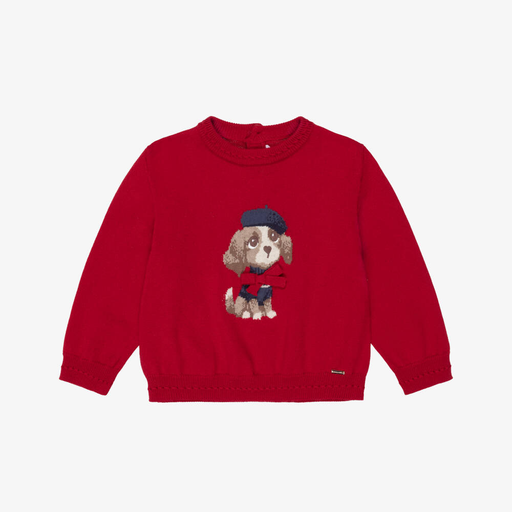 Mayoral-Girls Red Light Knit Sweater with Dog Motif | Childrensalon