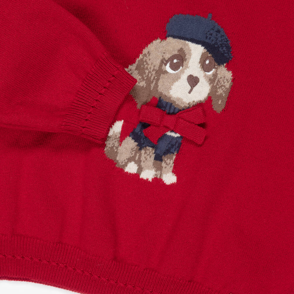 Mayoral-Girls Red Light Knit Sweater with Dog Motif | Childrensalon