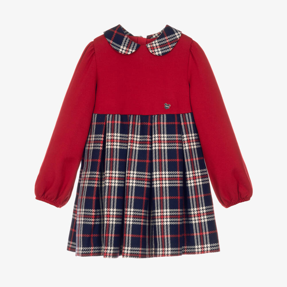Mayoral-Girls Red & Navy Blue Tartan Collar Dress | Childrensalon