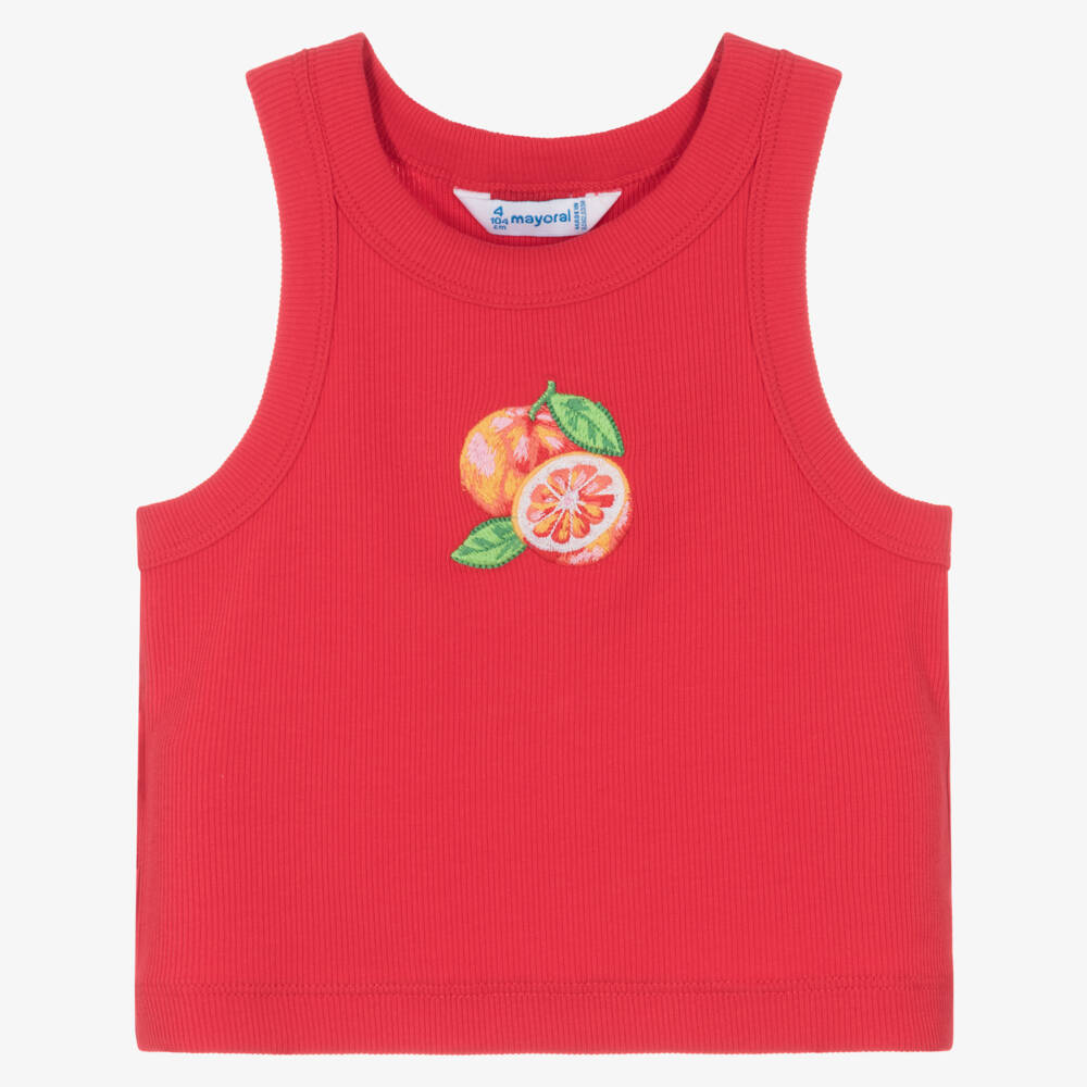 Mayoral-Girls Red Ribbed Cotton Vest Top with Embroidered Orange | Childrensalon