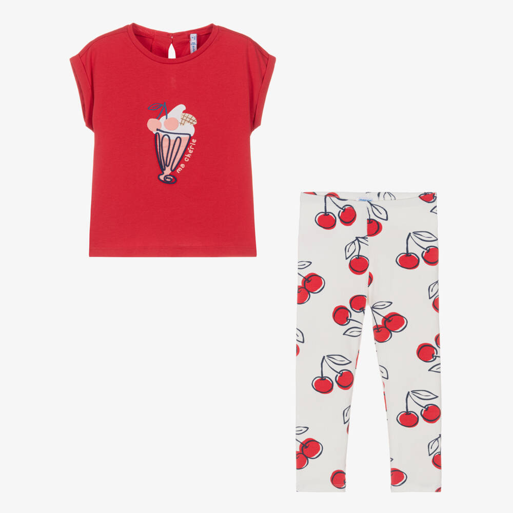 Mayoral-Girls Red Top & Ivory Cherry Print Cotton Leggings Set | Childrensalon