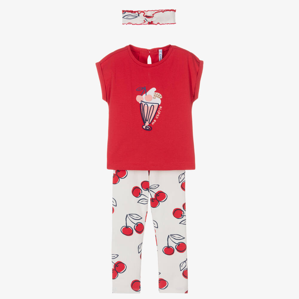 Mayoral-Girls Red Top & Ivory Cherry Print Cotton Leggings Set | Childrensalon