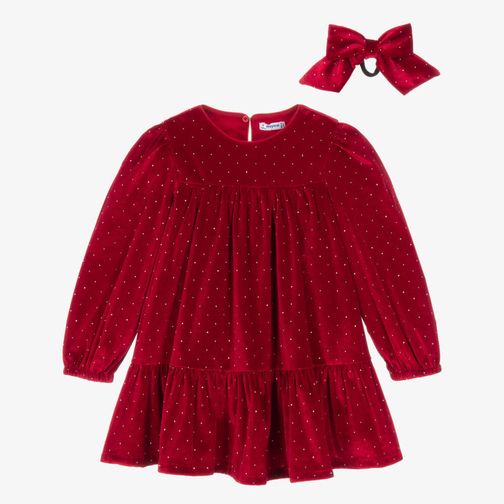 Mayoral-Girls Red Velour Dress Set with Sparkly Diamantés | Childrensalon