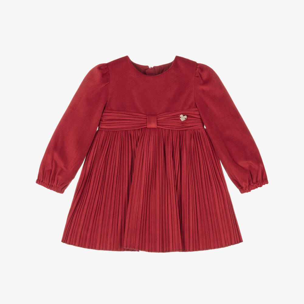 Mayoral-Girls Red Velvet Finely Pleated Dress | Childrensalon