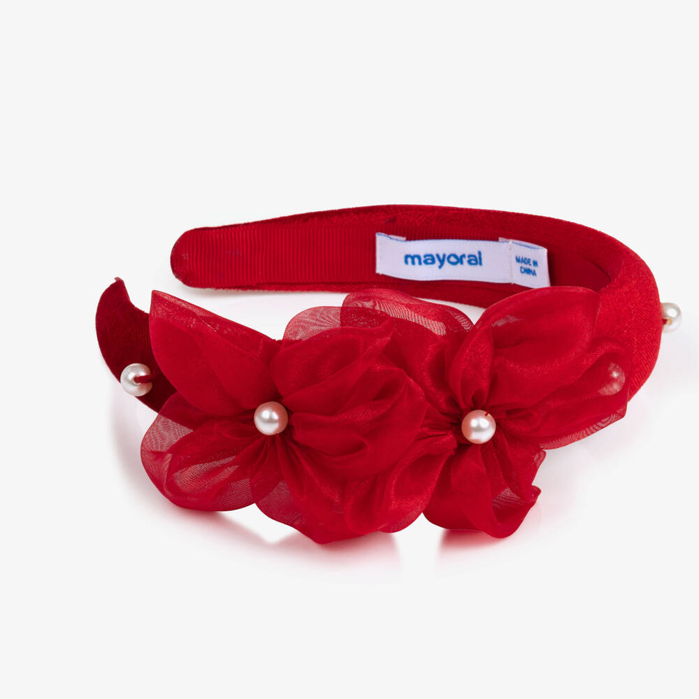 Mayoral-Girls Red Velvet Hairband with Organza Flowers | Childrensalon
