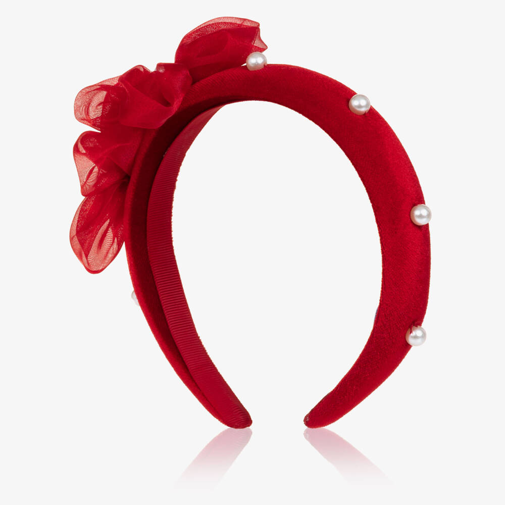 Mayoral-Girls Red Velvet Hairband with Organza Flowers | Childrensalon