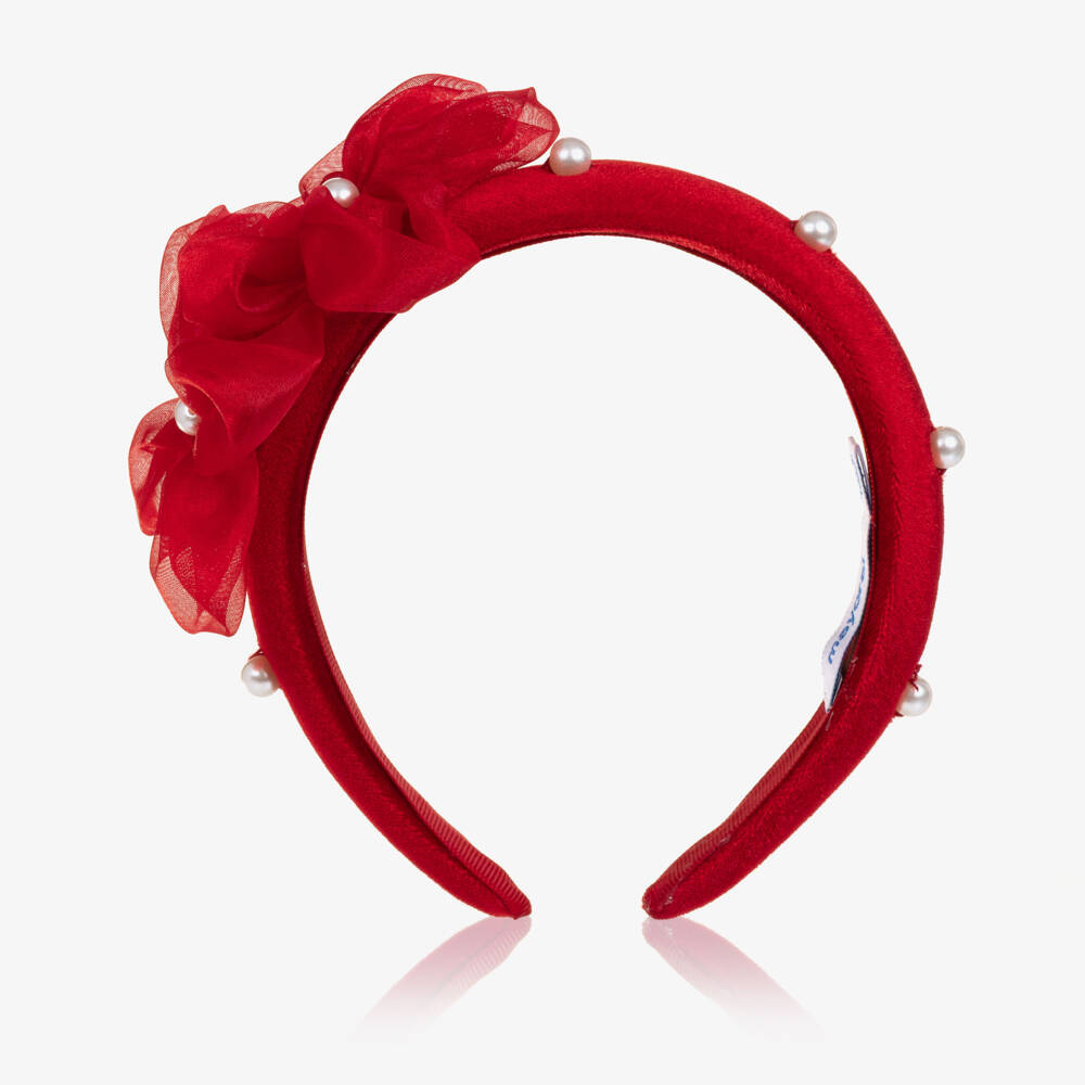 Mayoral-Girls Red Velvet Hairband with Organza Flowers | Childrensalon