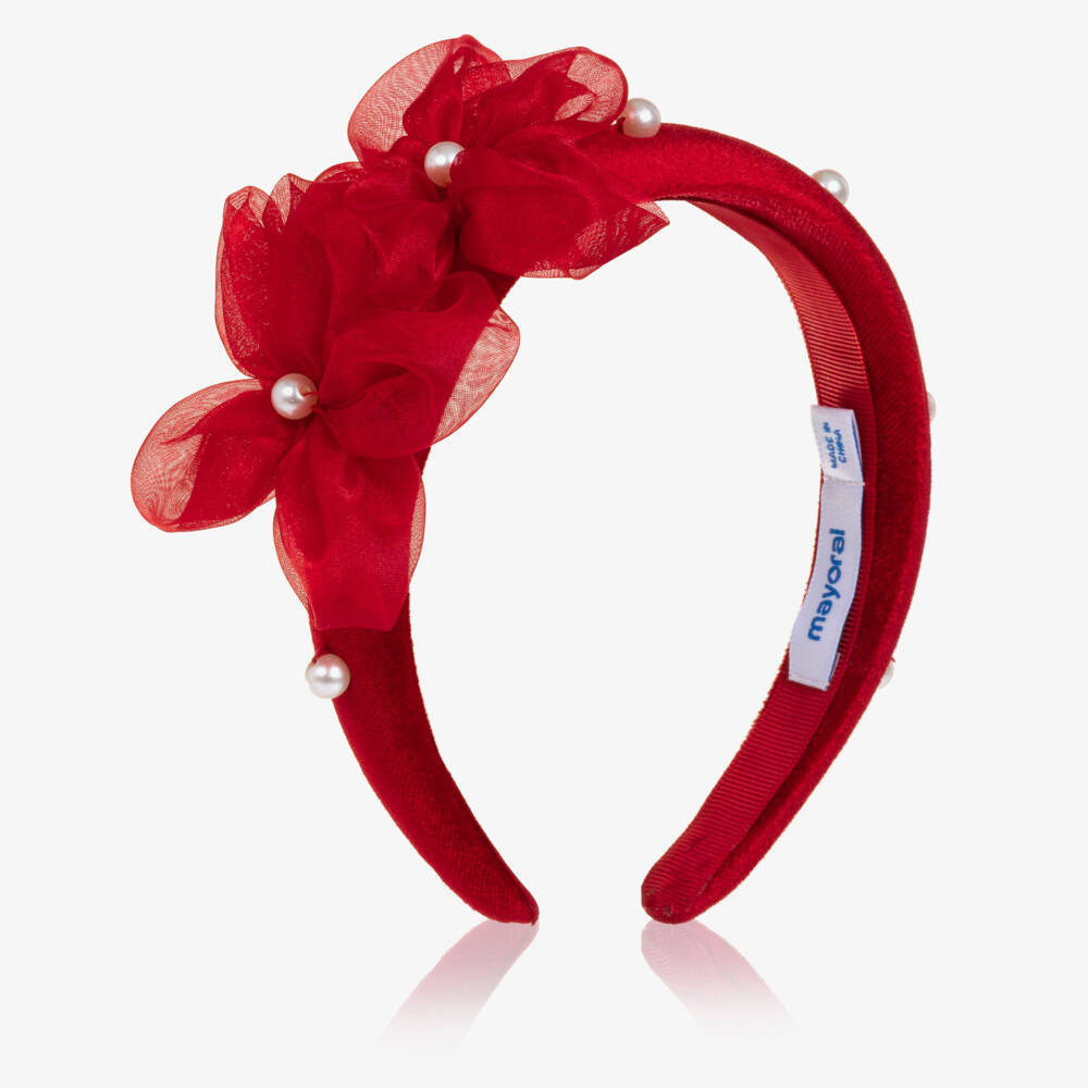 Mayoral-Girls Red Velvet Hairband with Organza Flowers | Childrensalon