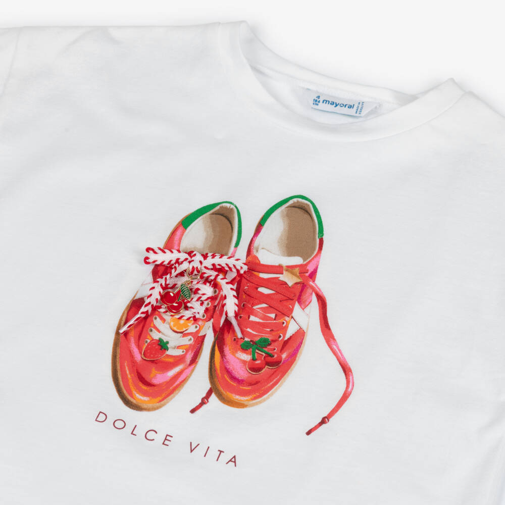 Mayoral-Girls Red & White Cotton Shorts Set with Shoes Motif | Childrensalon