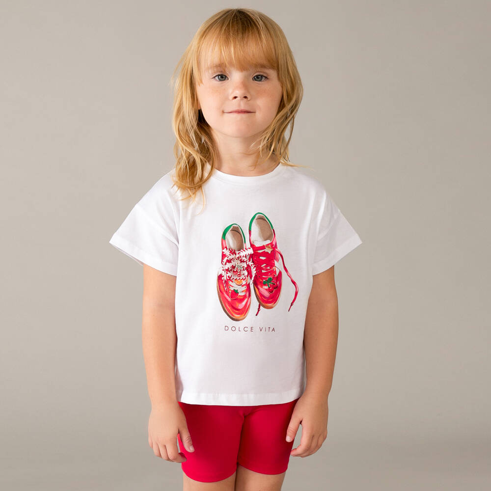 Mayoral-Girls Red & White Cotton Shorts Set with Shoes Motif | Childrensalon