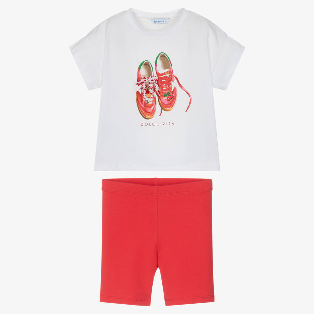 Mayoral-Girls Red & White Cotton Shorts Set with Shoes Motif | Childrensalon