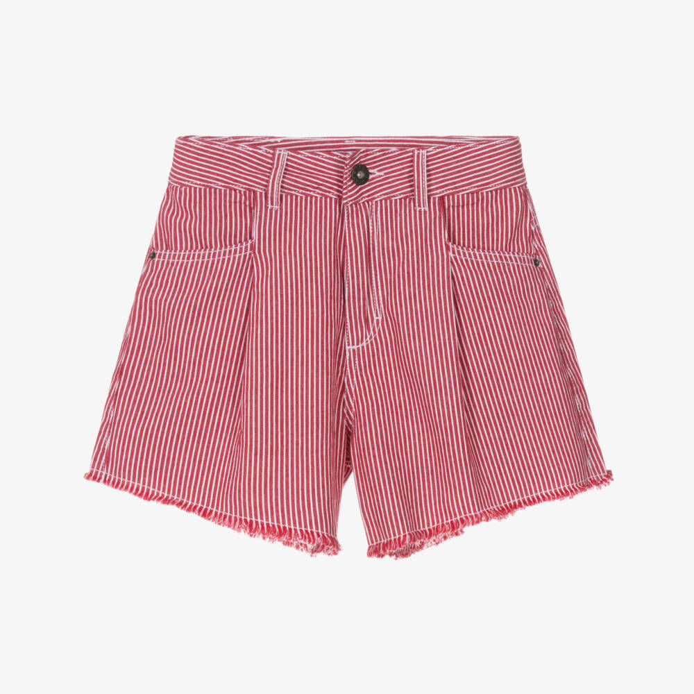 Mayoral-Girls Red & White High Rise Denim Shorts | Childrensalon