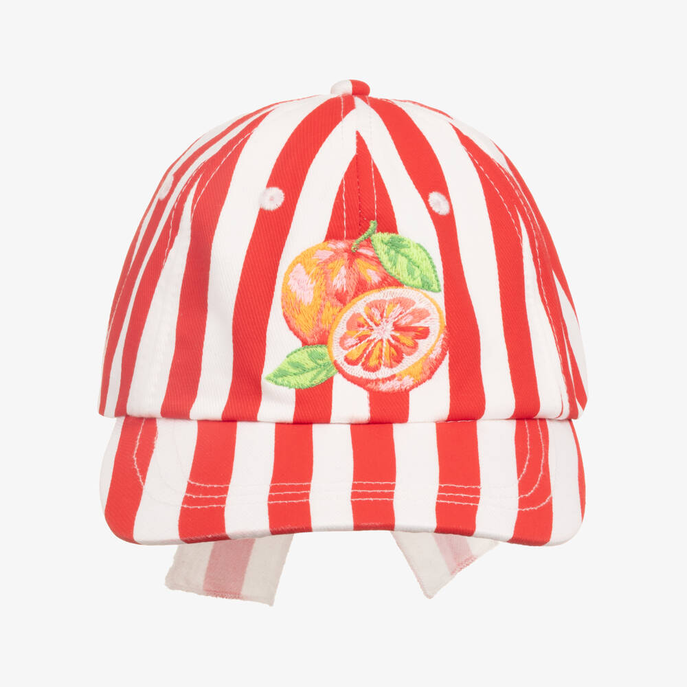 Mayoral-Girls Red & White Striped Cotton Fruit Cap | Childrensalon