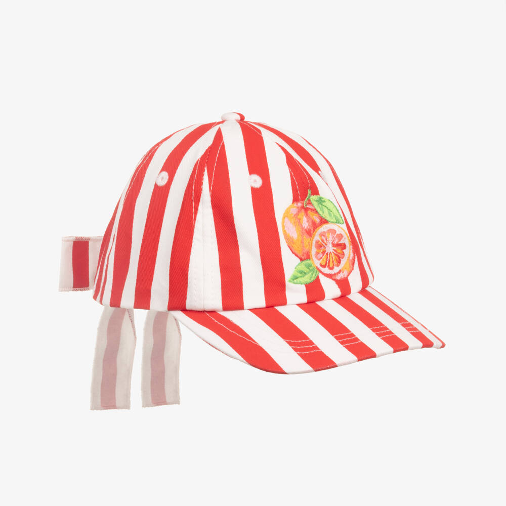 Mayoral-Girls Red & White Striped Cotton Fruit Cap | Childrensalon